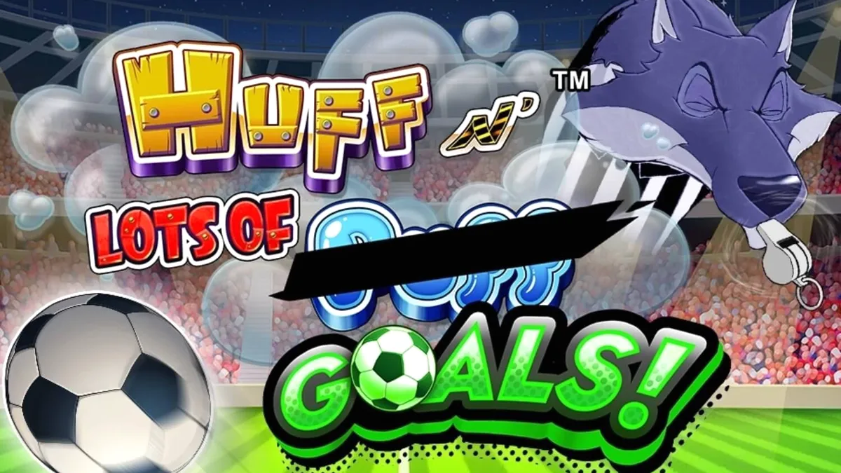 Tampilan antarmuka slot Huff N' Lots of Goals di perangkat seluler dengan tema sepak bola.