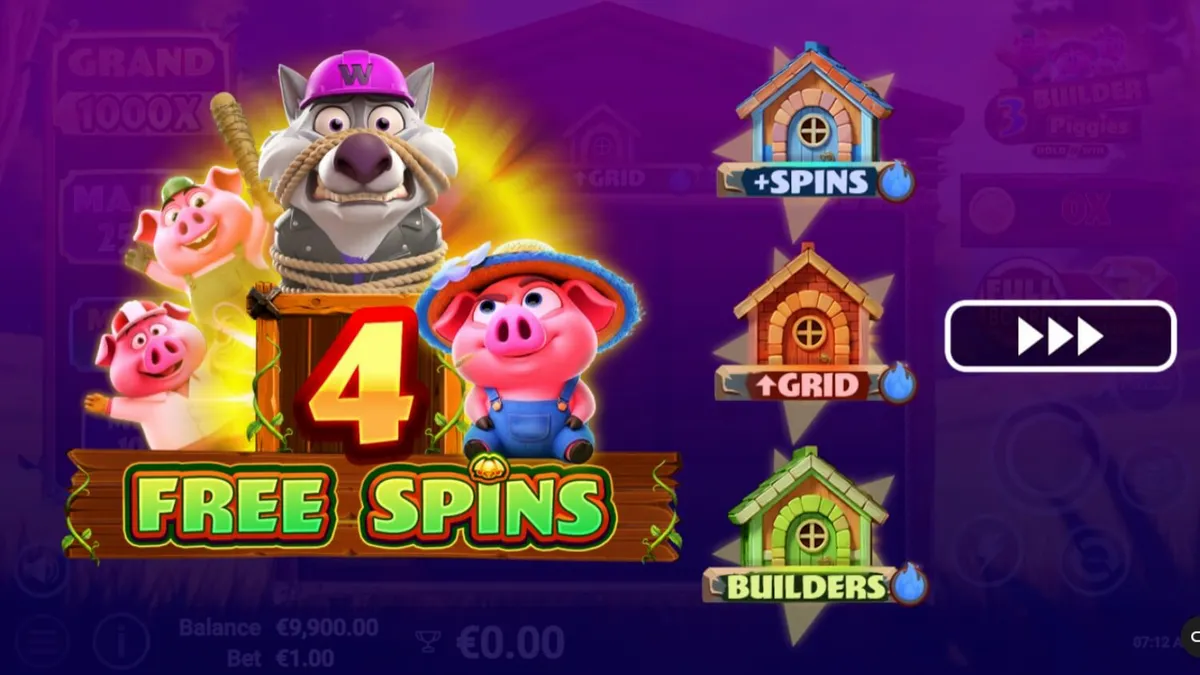 Tampilan visual slot 3 Builder Piggies dengan karakter babi dan serigala.
